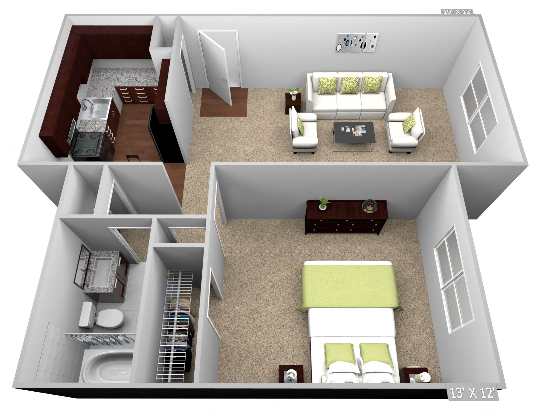 Floor plan for 1 bed, 1 bath, 650 sqft